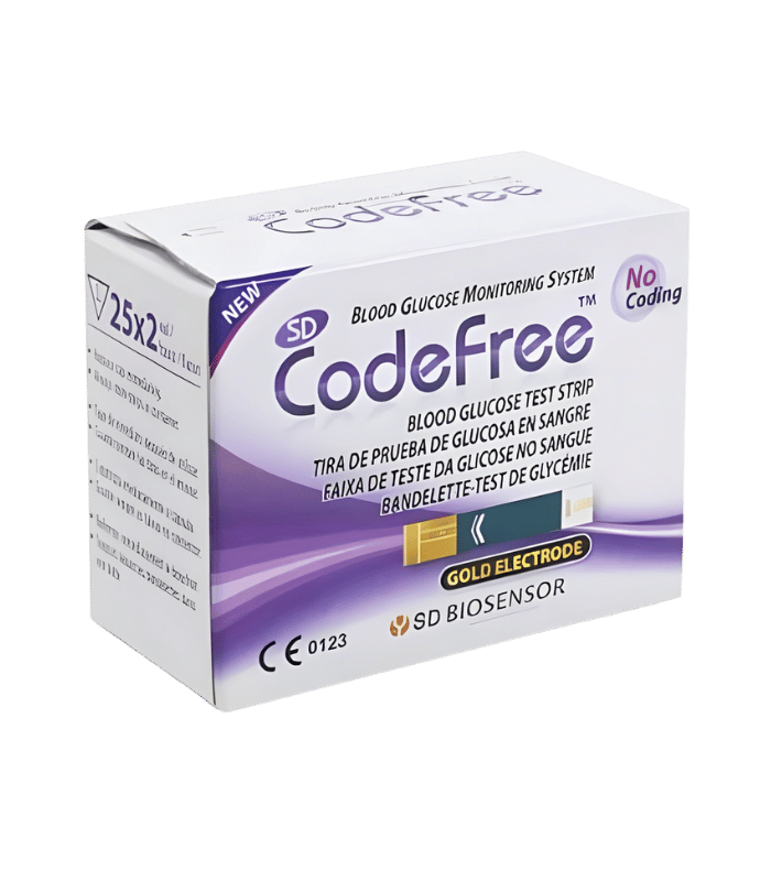 Bandelettes de test glycémie SD CodeFree – Boîte de 50 bandelettes (2×25)