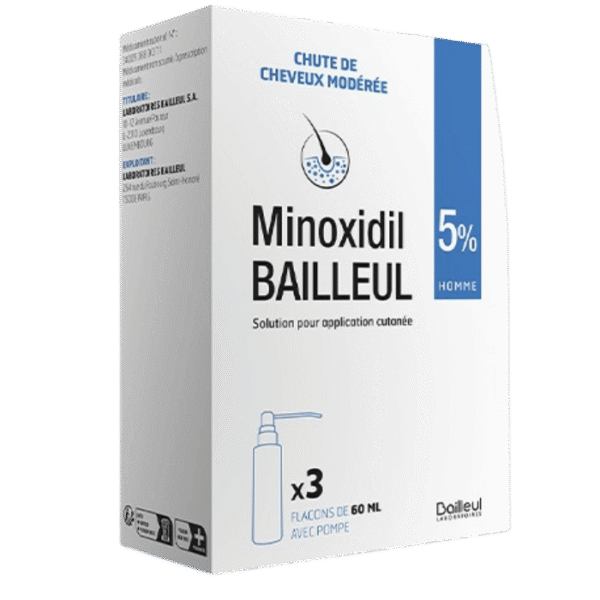 Minoxidil Bailleul 5% Homme – Solution pour application cutanée (3 × 60 ml)